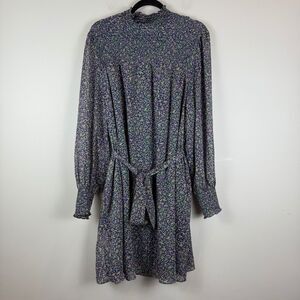 Boden Smocked Yoke Mini Dress Women's 20 Blue Pleated Tie Belt Cuff Sleeve Boho